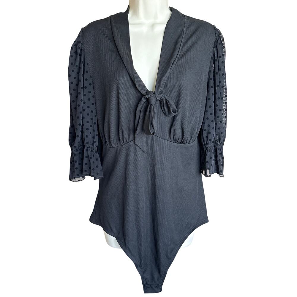 Unique Vintage Black Polka Dot Sleeves Ribbed Sweetheart Bodysuit Top 1X NWOT